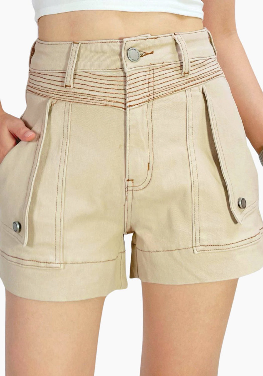 Detailed Denim Shorts - Sand