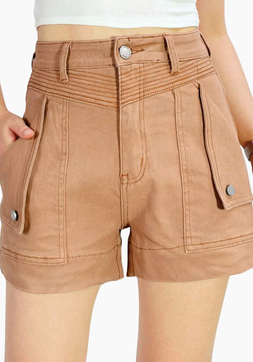 Detailed Denim Shorts - Brown