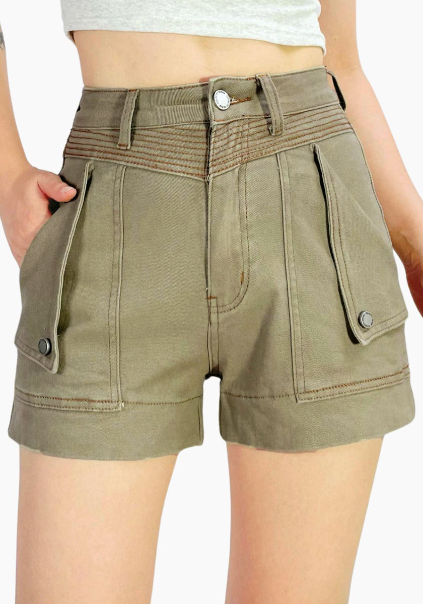 Detailed Denim Shorts - Khaki