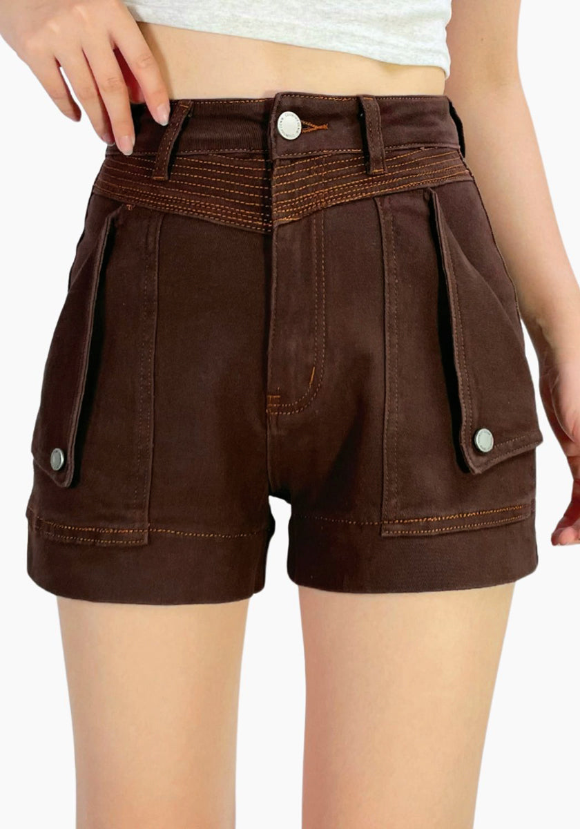 Detailed Denim Shorts - Choc
