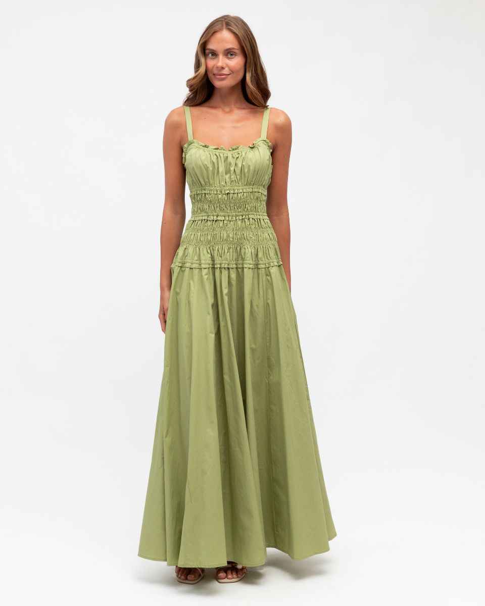 Shirred Strappy Maxi Dress - Matcha