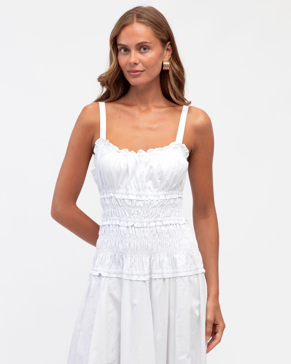 Shirred Strappy Maxi Dress - Optical White
