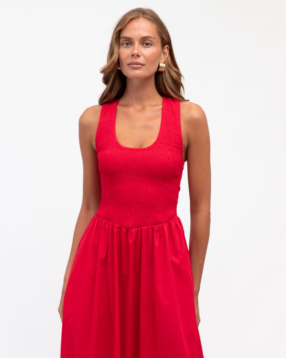 Shirred Racerback Dress - Red