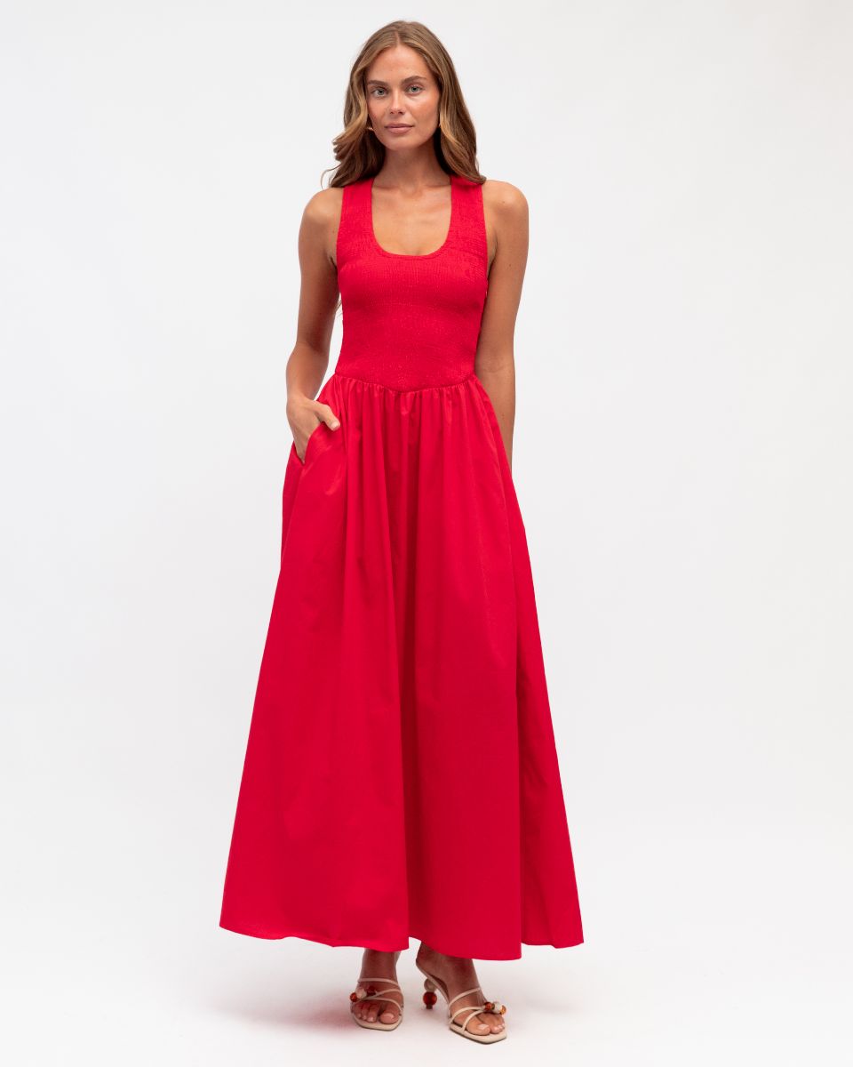 Shirred Racerback Dress - Red