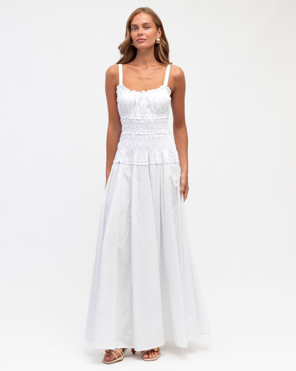 Shirred Strappy Maxi Dress - Optical White